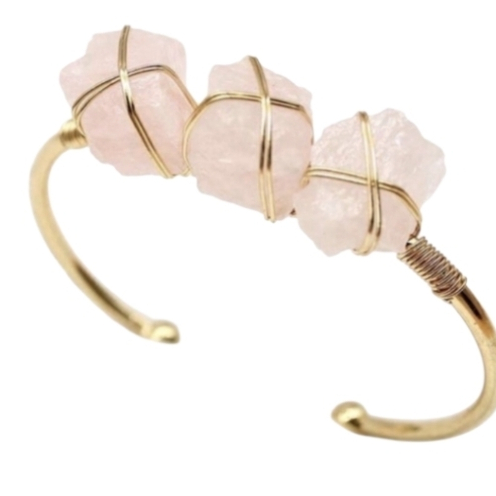 Rose Quartzpink Crysyal Wire-Wrapped Cuff Bracelet • NWOT